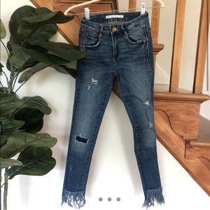 ZARA High Waisted Distressed Hem Jeans